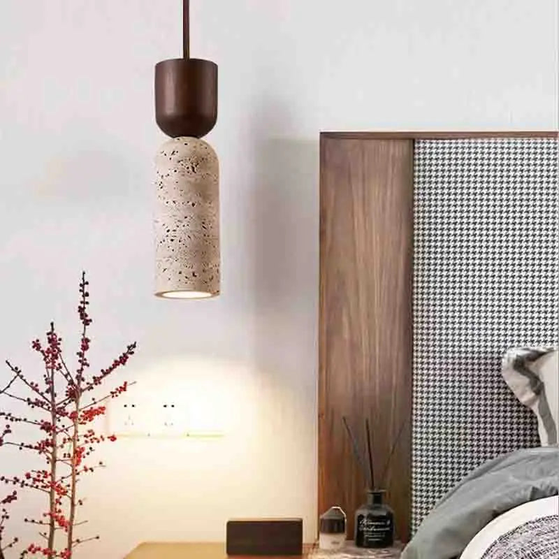 Suspension de Chevet Travertin – Bois foncé et pierre, style japonais