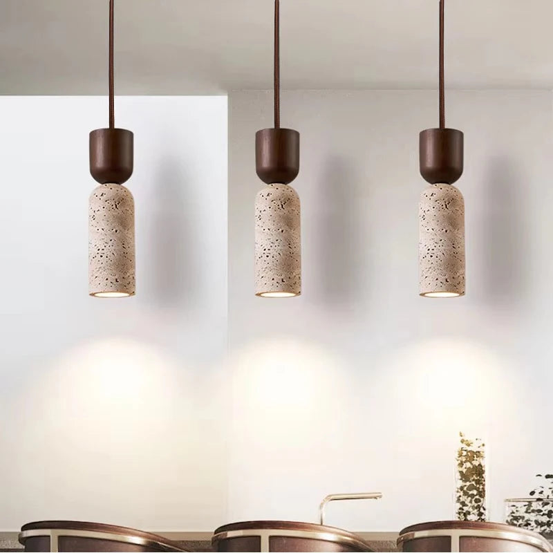 Suspension de Chevet Travertin – Bois foncé et pierre, style japonais